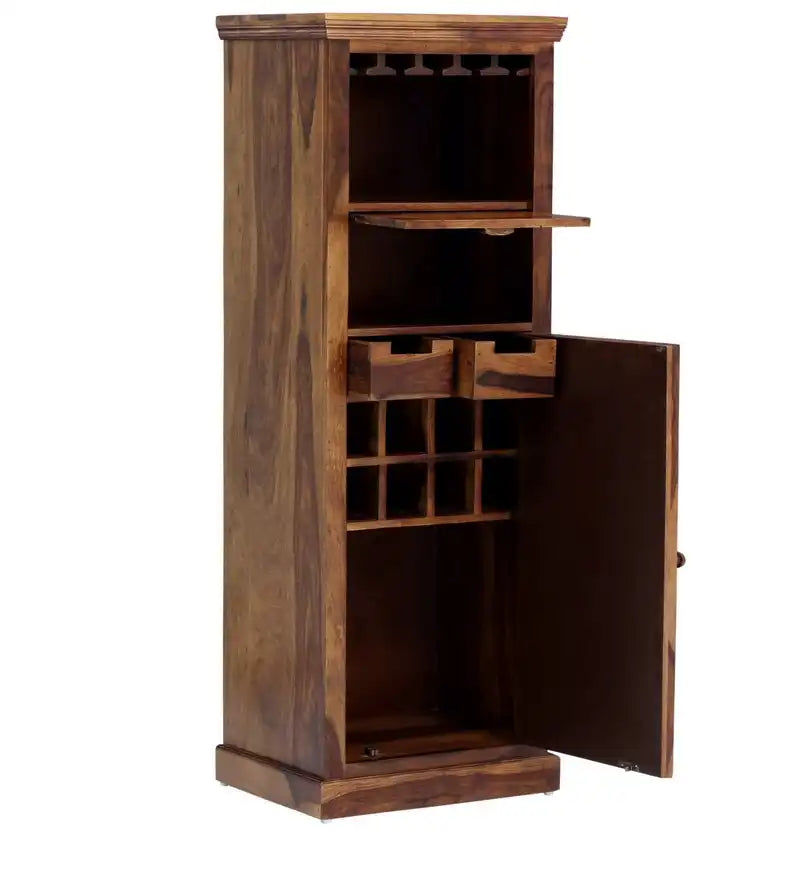 Sheesham wood bar unit with vertical storage cabinet for bottles and glassware