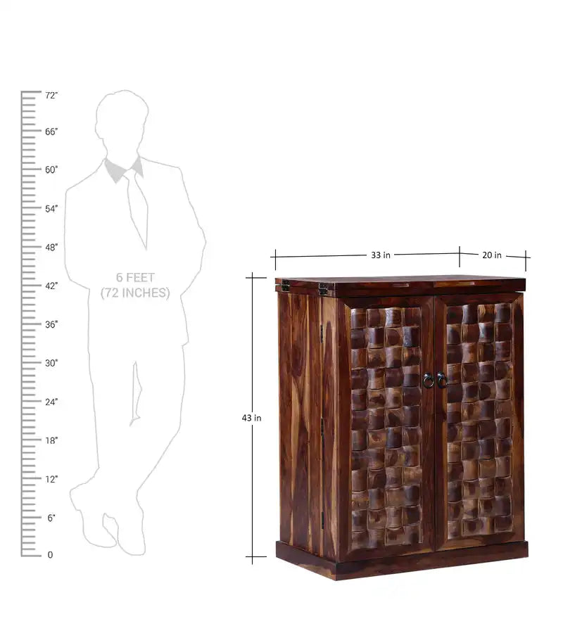 Sheesham wood bar unit with shelves for bottle and glass storage