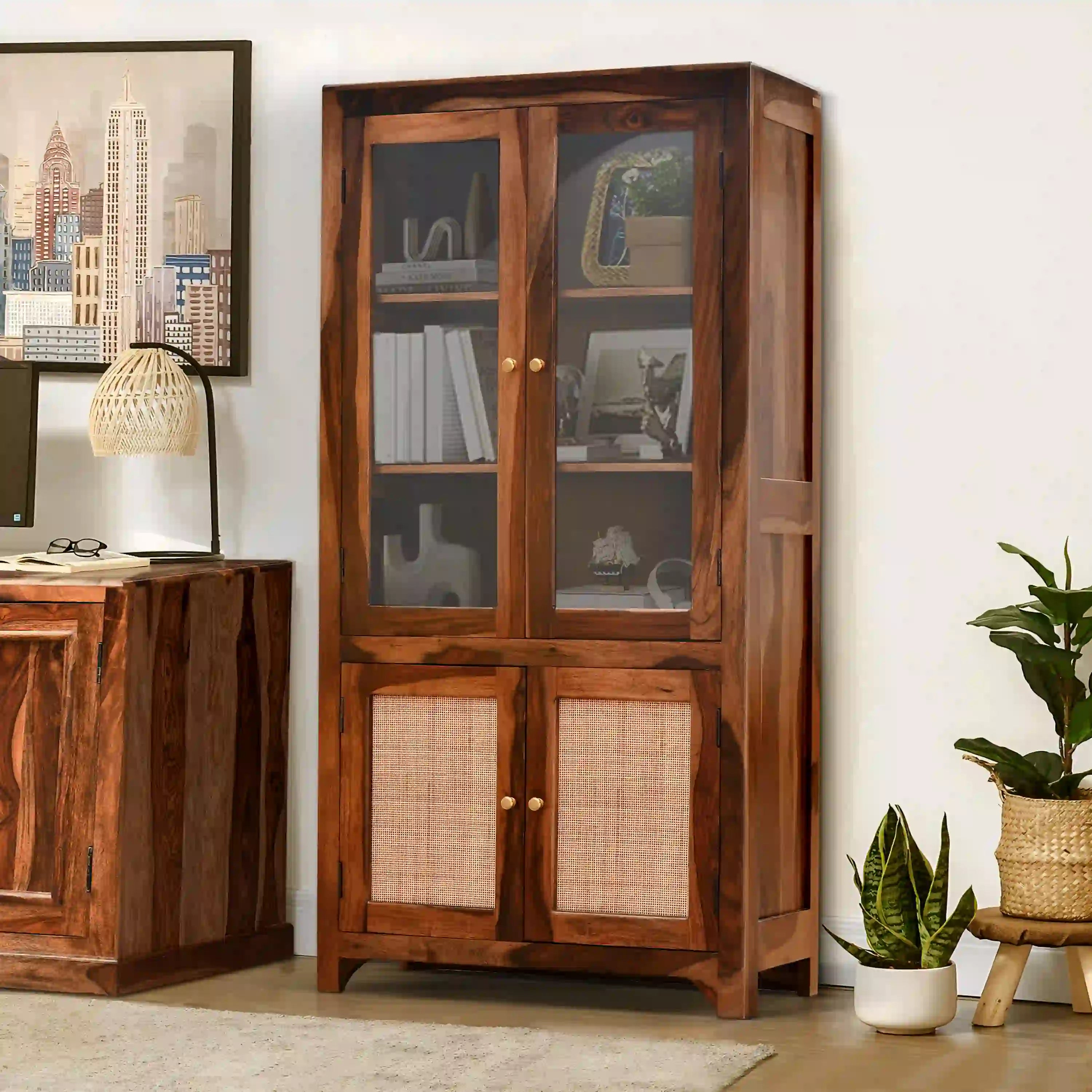 Sheesham wood bookshelf open display storage rack for living room