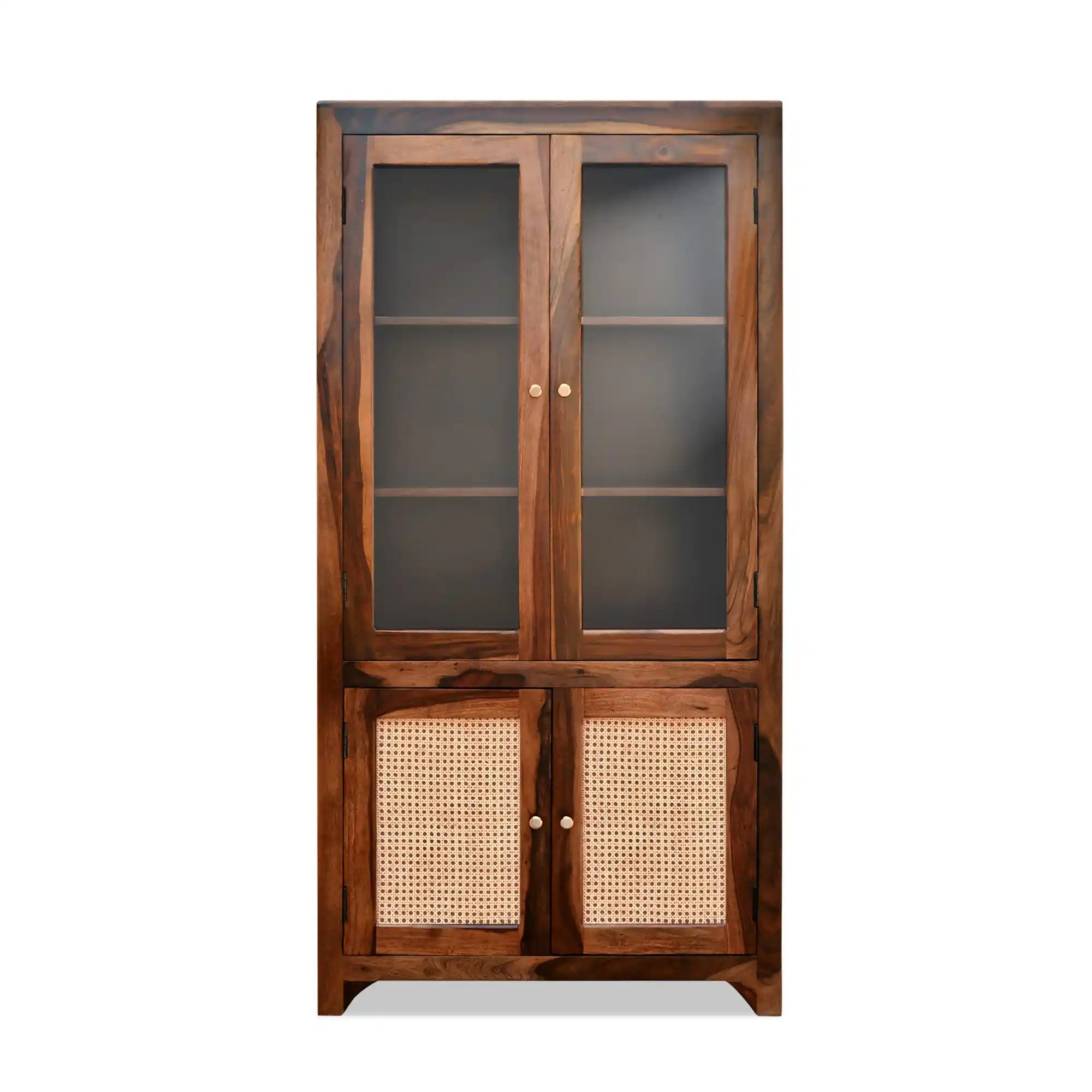 Sheesham wood cane bookshelf open display rack for home decor