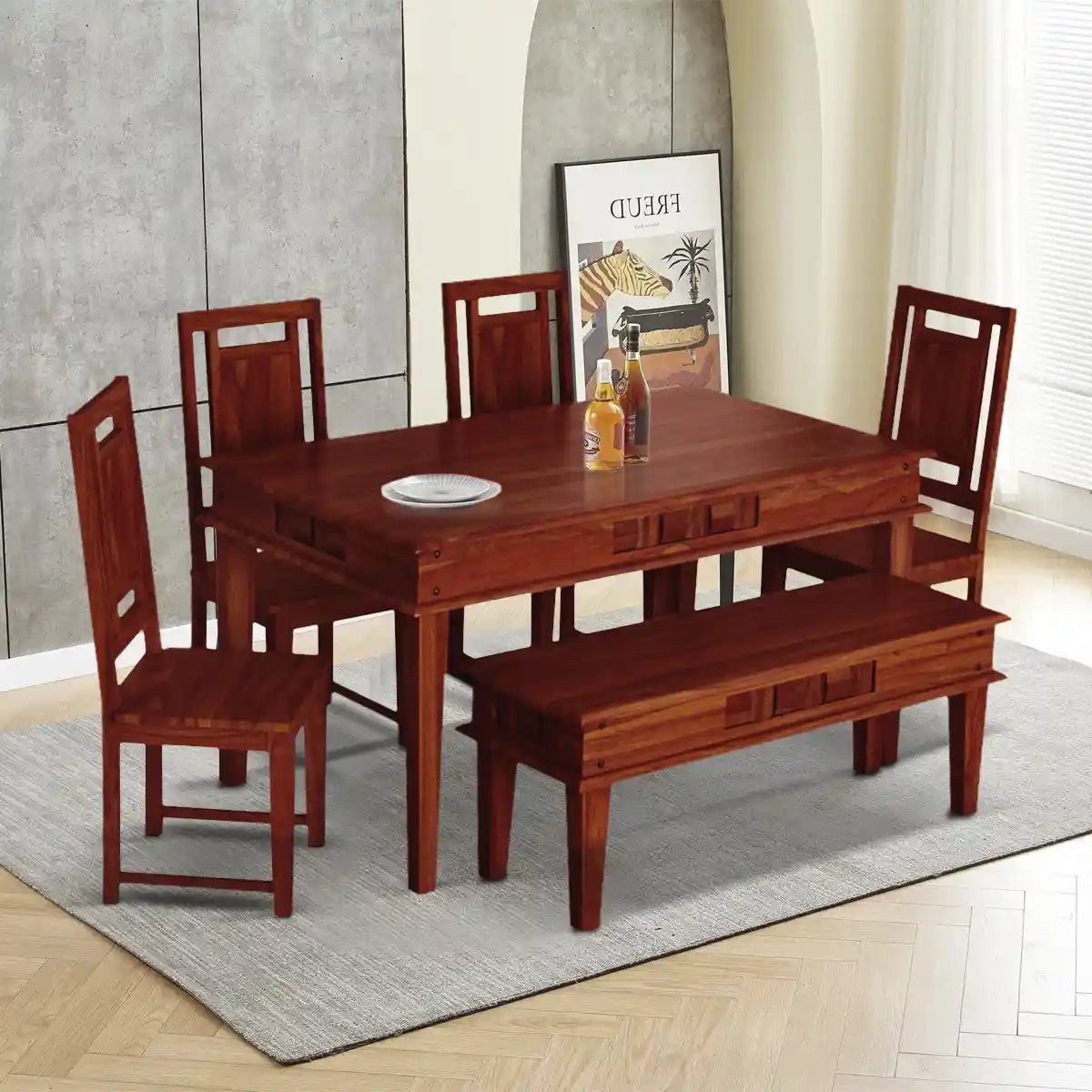 Sheesham wood six seater dining set Niware with bench crafted from durable solid wood