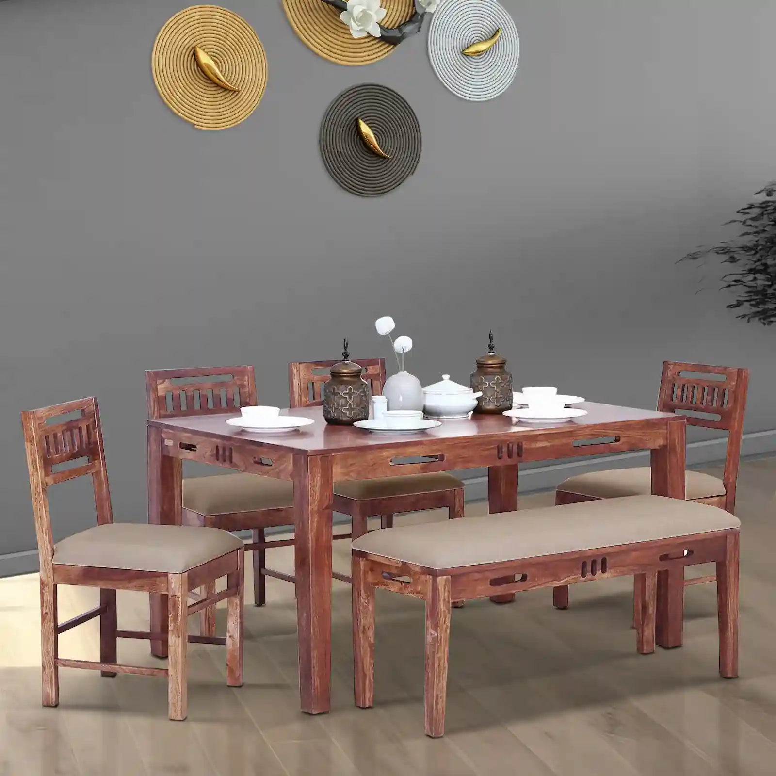 Sheesham wood six-seater dining set with bench Jenine comfortable family furniture