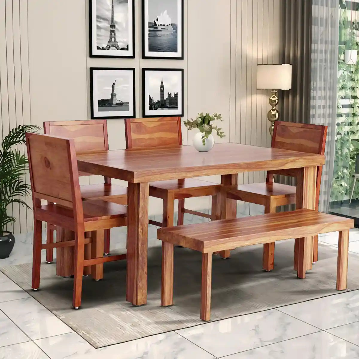 Sheesham wood six seater dining set with ergonomic chairs for comfortable seating