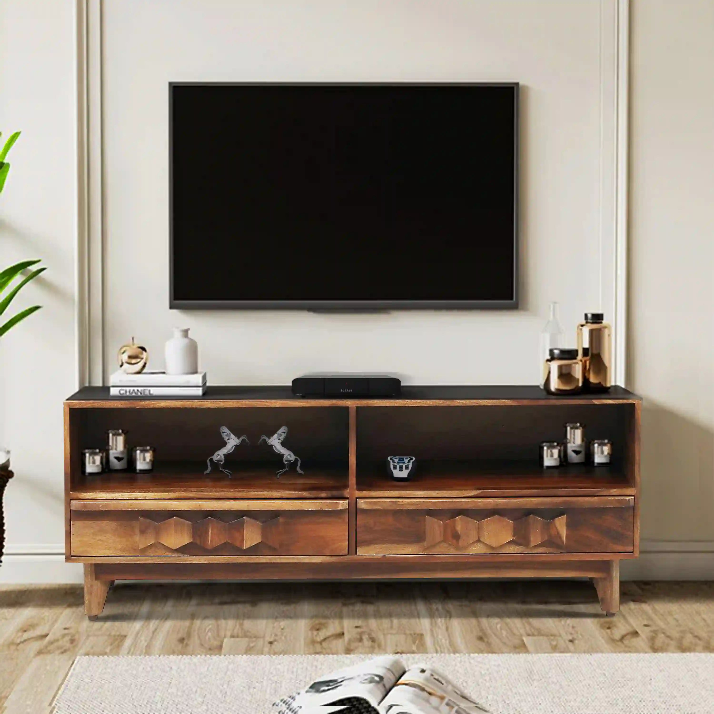 Sheesham wood tv console with drawers solid wood Alford design