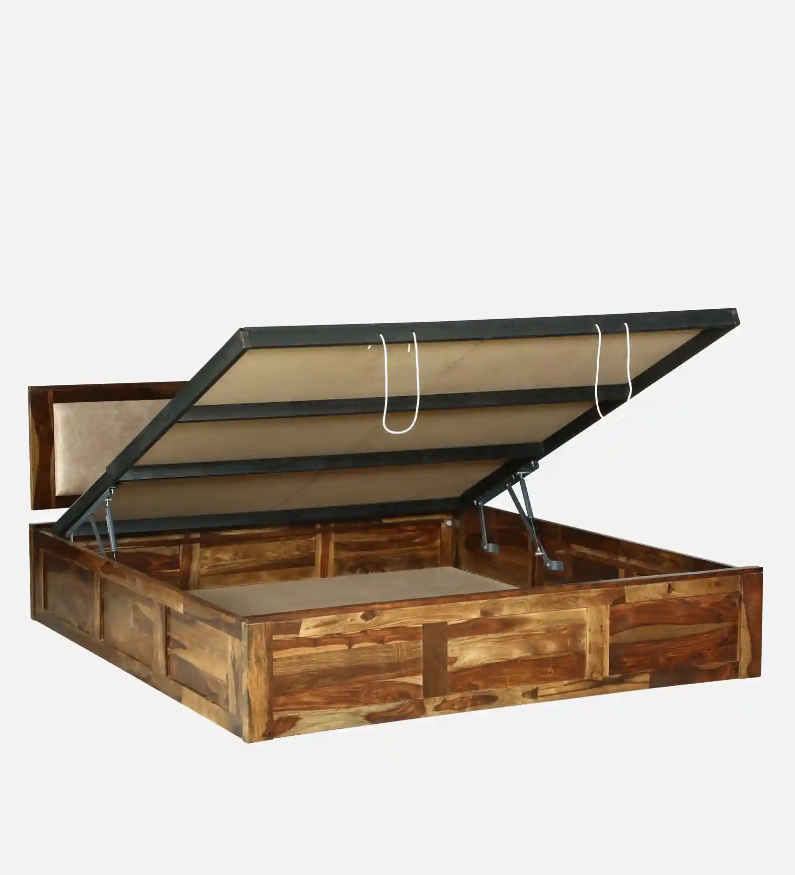 shraya sheesham wood queen size hydraulic storage bed elevated front view india