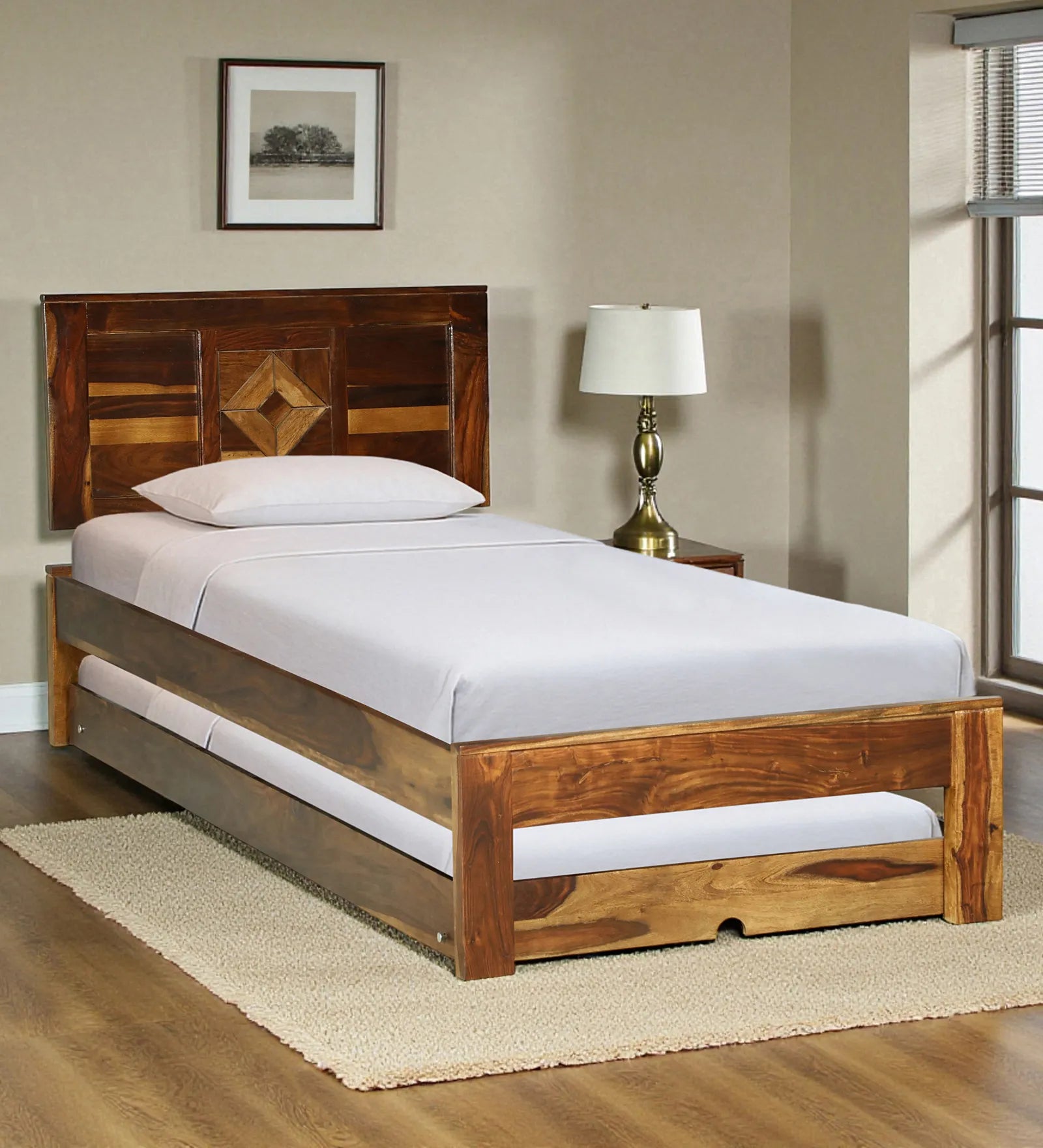 Shraya sheesham wood single bed with trundle modern solid wood bed India