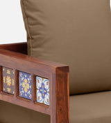 Anamika Sheesham Wood 1 Seater Sofa In Honey Oak Finish by Rajwada  with Beige Cushioned Chair