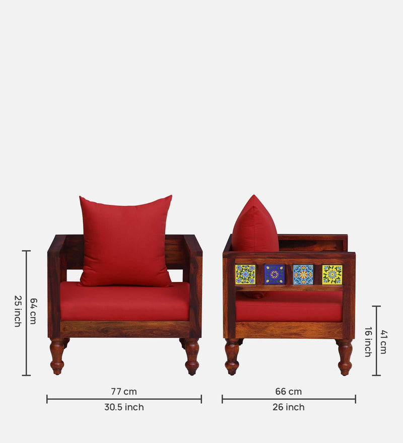 Anamika Sheesham Wood 1 Seater Sofa In Honey Oak Finish by Rajwada  with Red Cushioned Chair