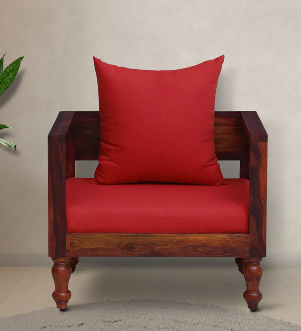 Anamika Sheesham Wood 1 Seater Sofa In Honey Oak Finish by Rajwada  with Red Cushioned Chair