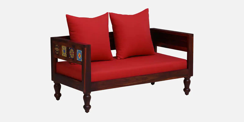 Anamika Sheesham Wood 2 Seater Sofa In Honey Oak Finish by Rajwada  With Red Cushioned Chair
