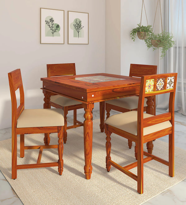 Anamika Sheesham Wood 4 Seater Dining Set In Honey Oak Finish by Rajwada  With Cushioned Chair