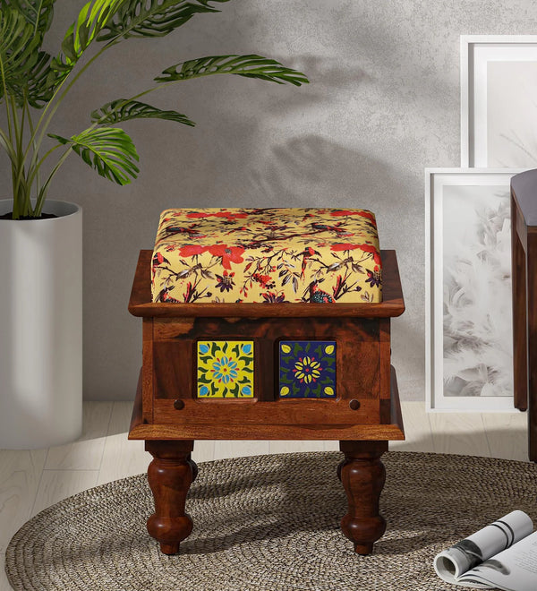 Anamika Sheesham Wood Seating Stool In Honey Oak Finish by Rajwada  With Floral Cushion