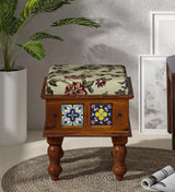 Anamika Sheesham Wood Seating Stool In Honey Oak Finish by Rajwada  With Multicolor Cushion