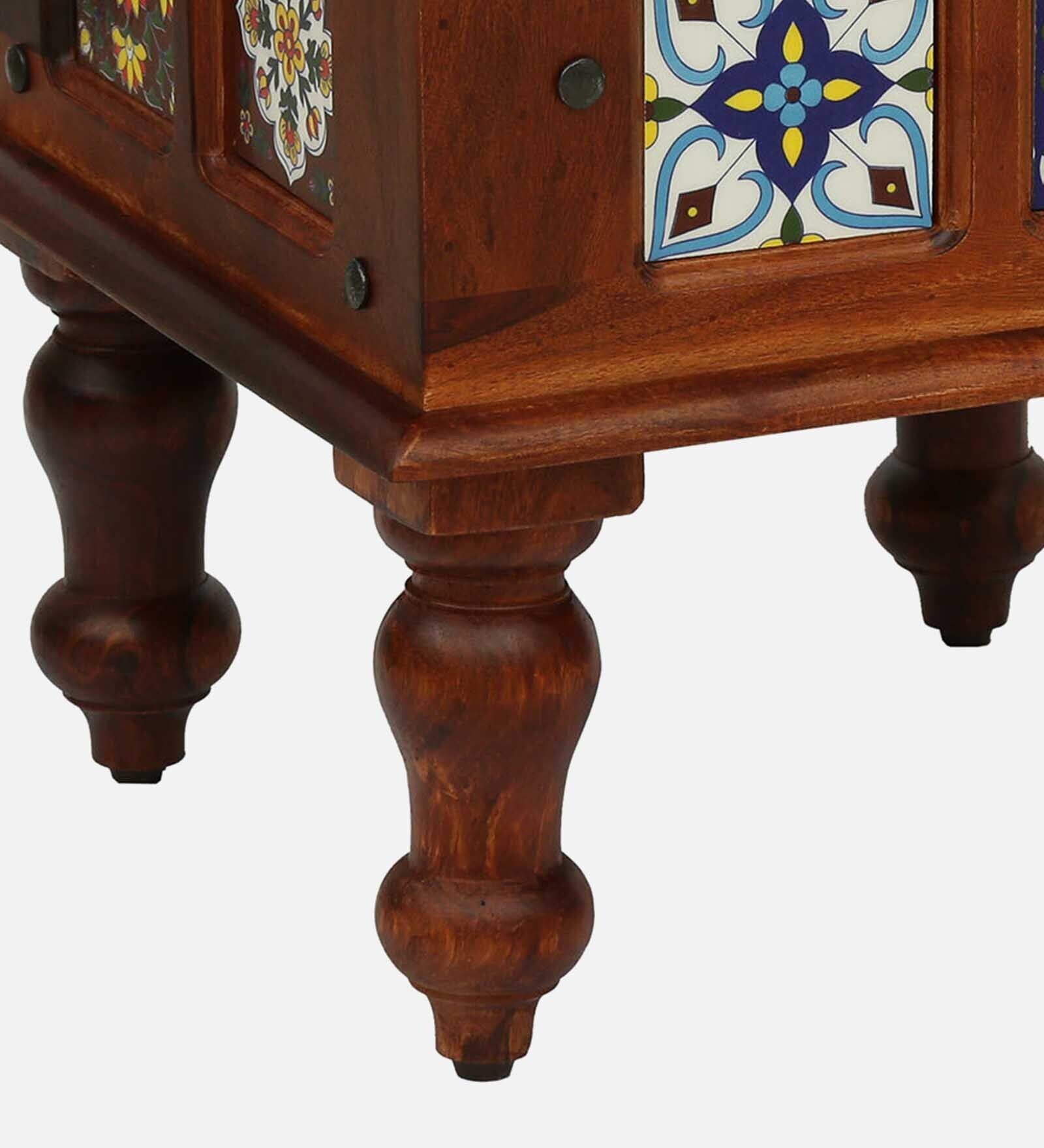 Anamika Sheesham Wood Seating Stool In Honey Oak Finish by Rajwada With Multicolor Cushion - Rajwada Furnish