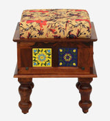 Anamika Sheesham Wood Seating Stool In Honey Oak Finish by Rajwada  With Floral Cushion