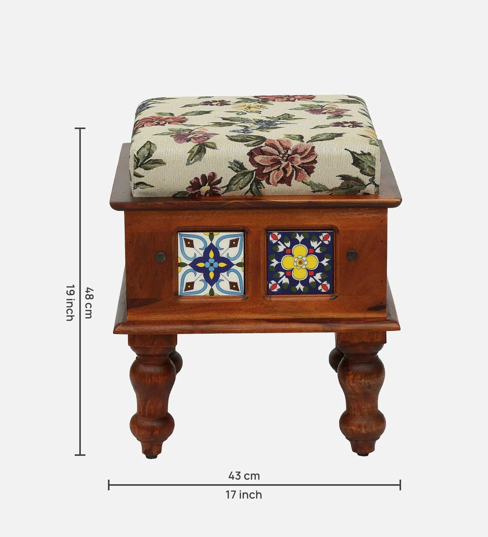 Anamika Sheesham Wood Seating Stool In Honey Oak Finish by Rajwada With Multicolor Cushion - Rajwada Furnish
