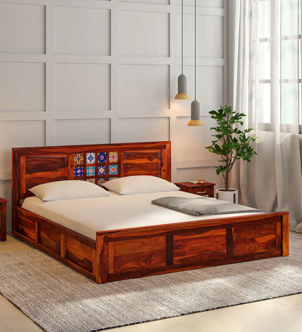 Anamika Sheesham Wood King Size Bed In Honey Oak Finish by Rajwada  With Box Storage