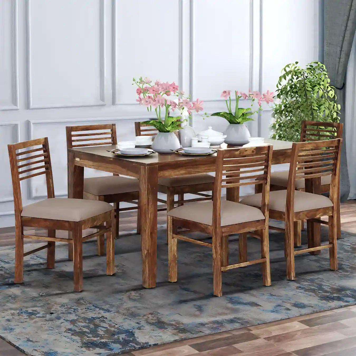 Six-seater dining set Belfort solid sheesham wood table set for family dining