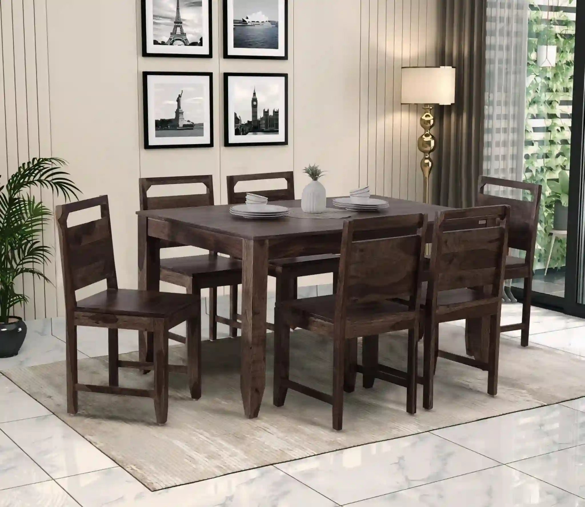 Six-seater dining set Hari solid sheesham wood table set for family dining
