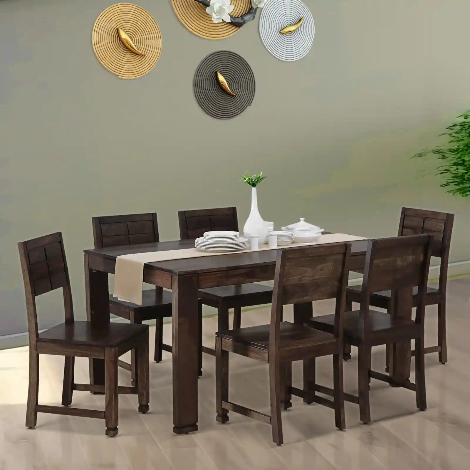 Six-seater dining set Moscow solid sheesham wood table set for family dining
