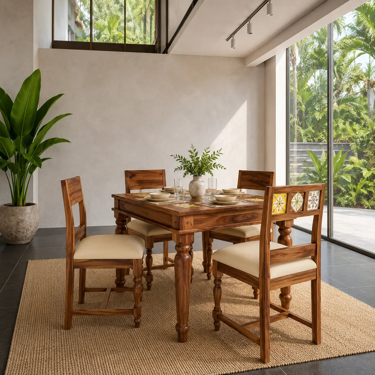 Anamika Natural Wood 4 Seater Dining Table Set with Cushion Chairs