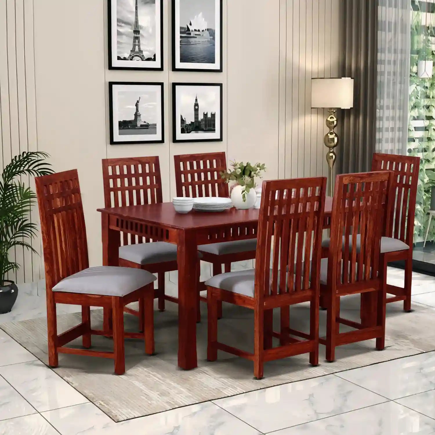 Solid sheesham wood six-seater dining table set Oasis design strong and durable furniture