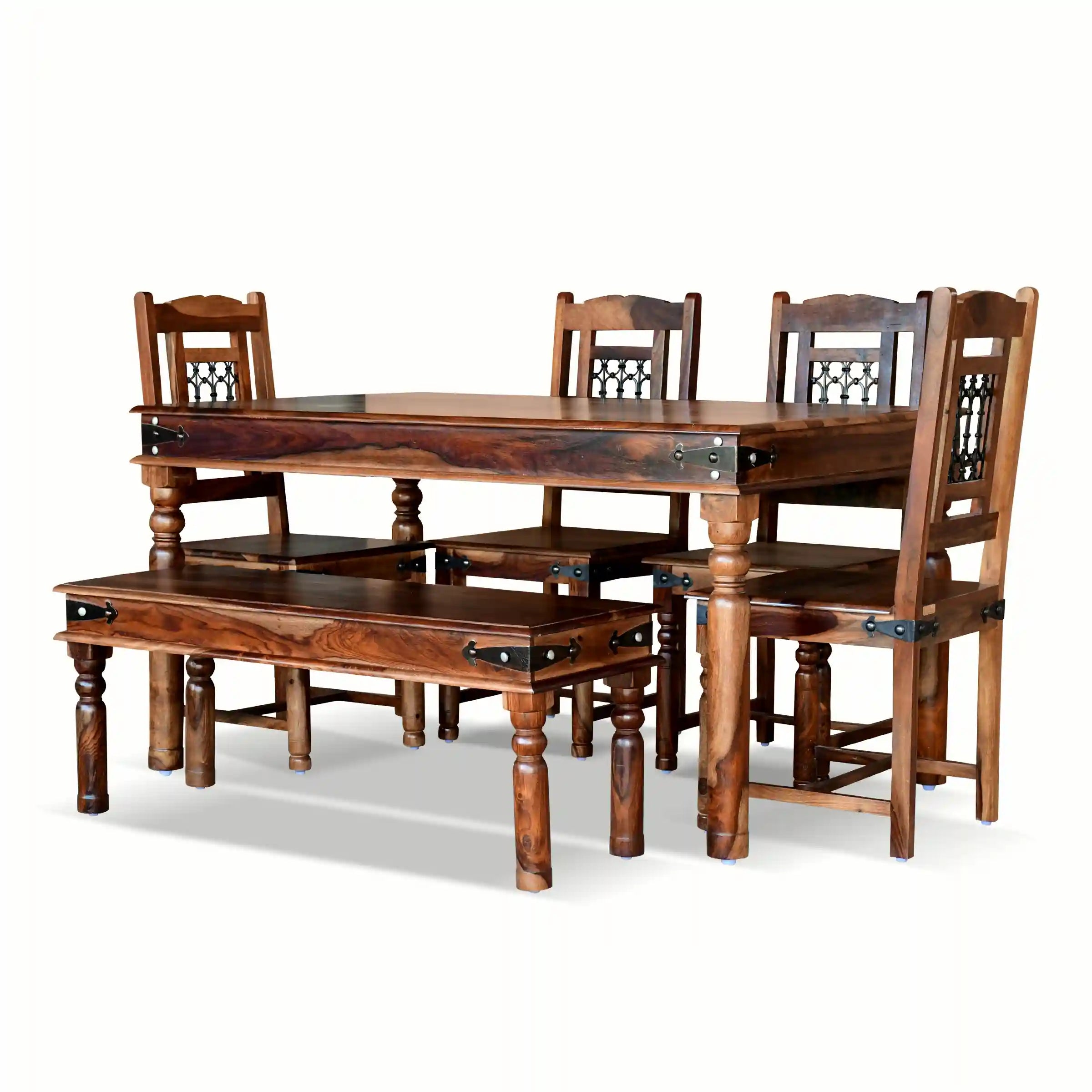 Solid sheesham wood six-seater dining table set with bench Haveli design strong and durable furniture