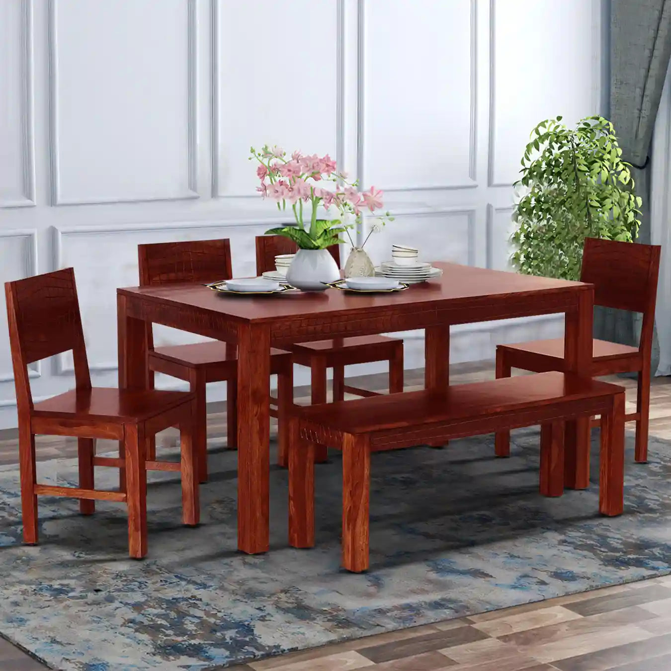 Solid sheesham wood six-seater dining table with bench Harmonia design strong and durable furniture