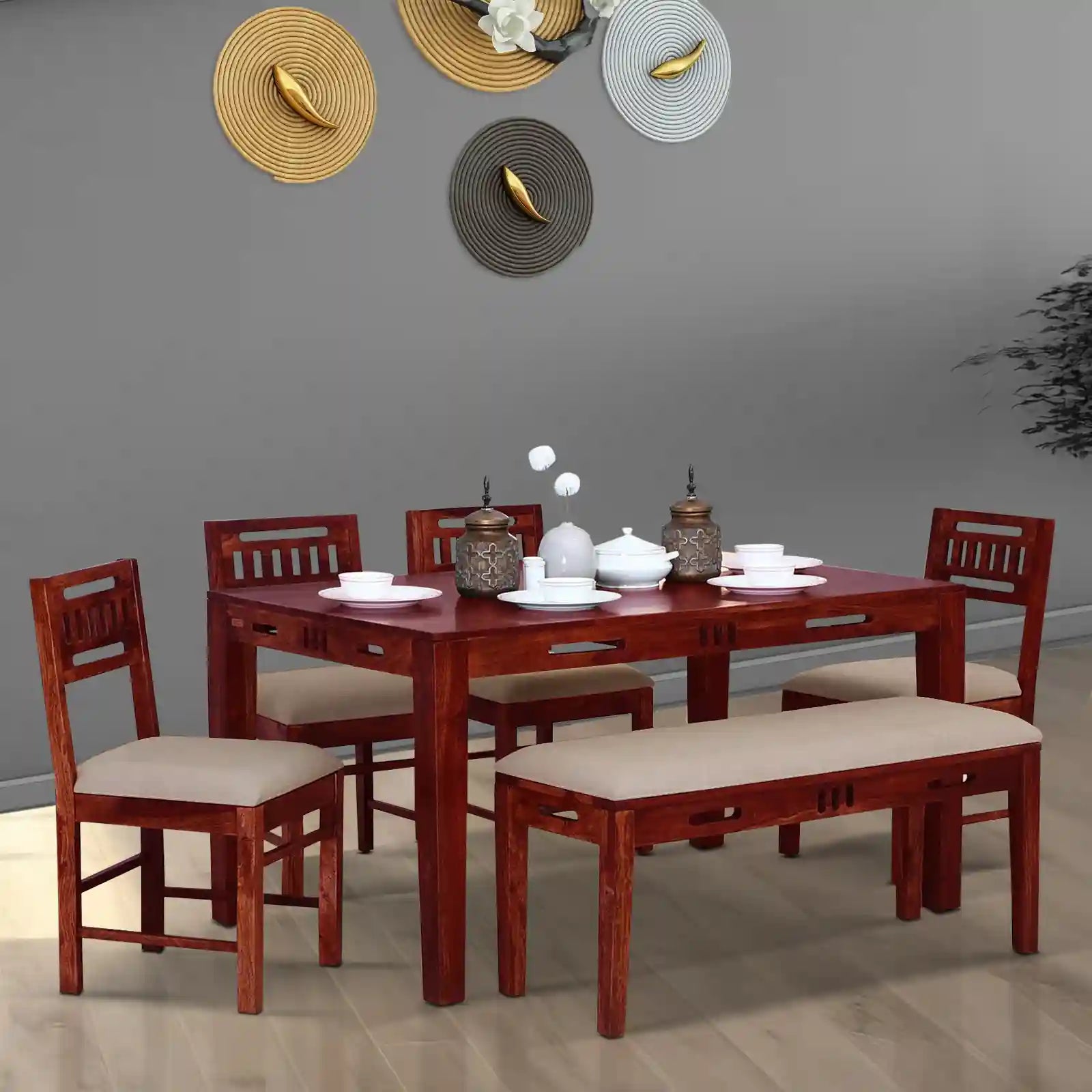 Solid sheesham wood six-seater dining table with bench Jenine design strong and durable furniture
