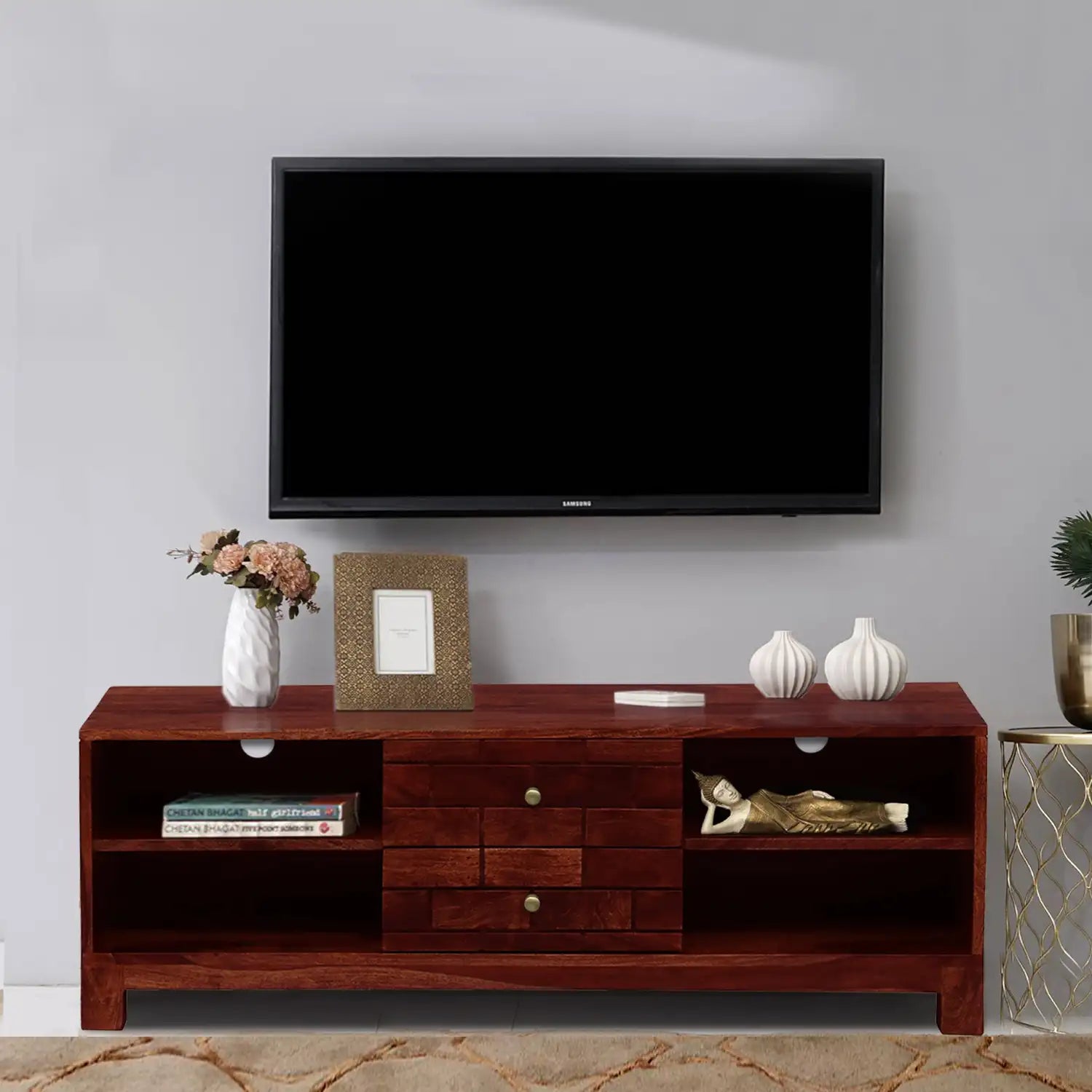 Solid sheesham wood tv unit Rudra two drawer storage tv cabinet design