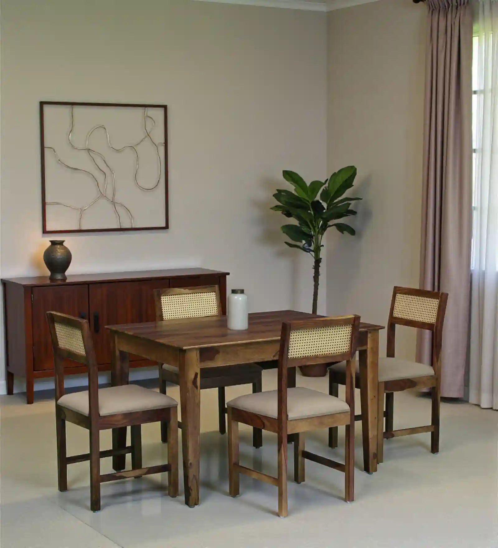 Rattan Solid Wood Cane 4 Seater Dining Table Set