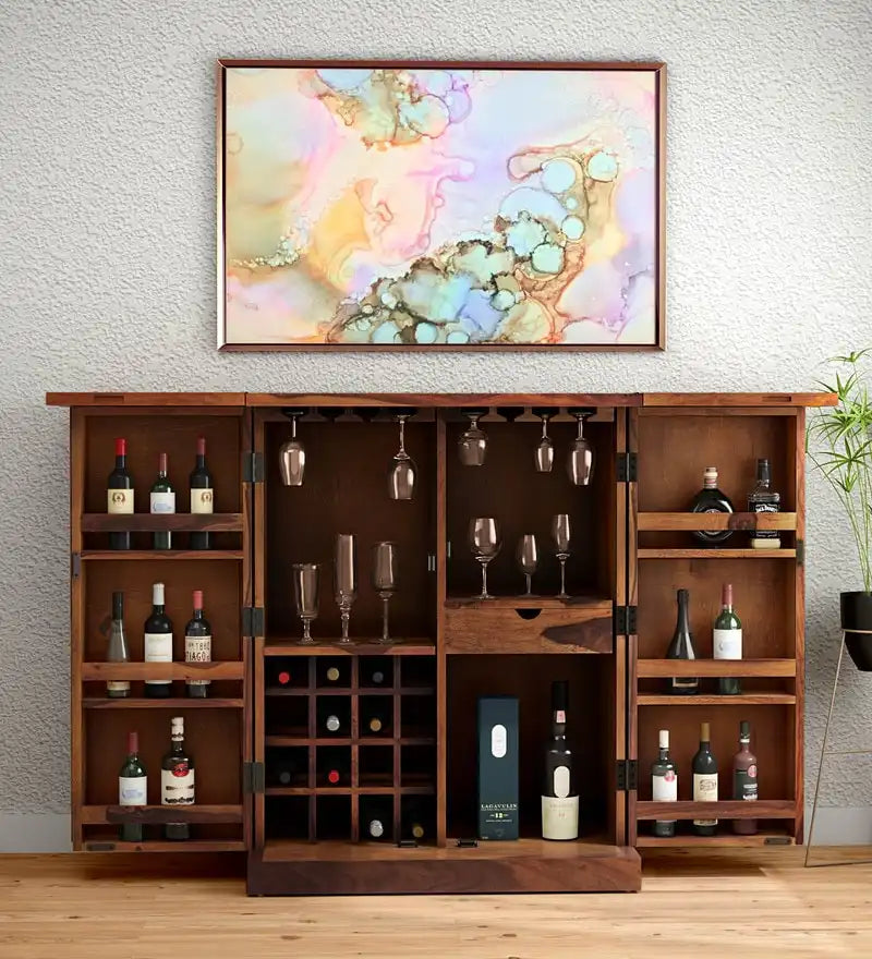 Solid wood bar cabinet with bottle storage in sheesham wood for organized interiors