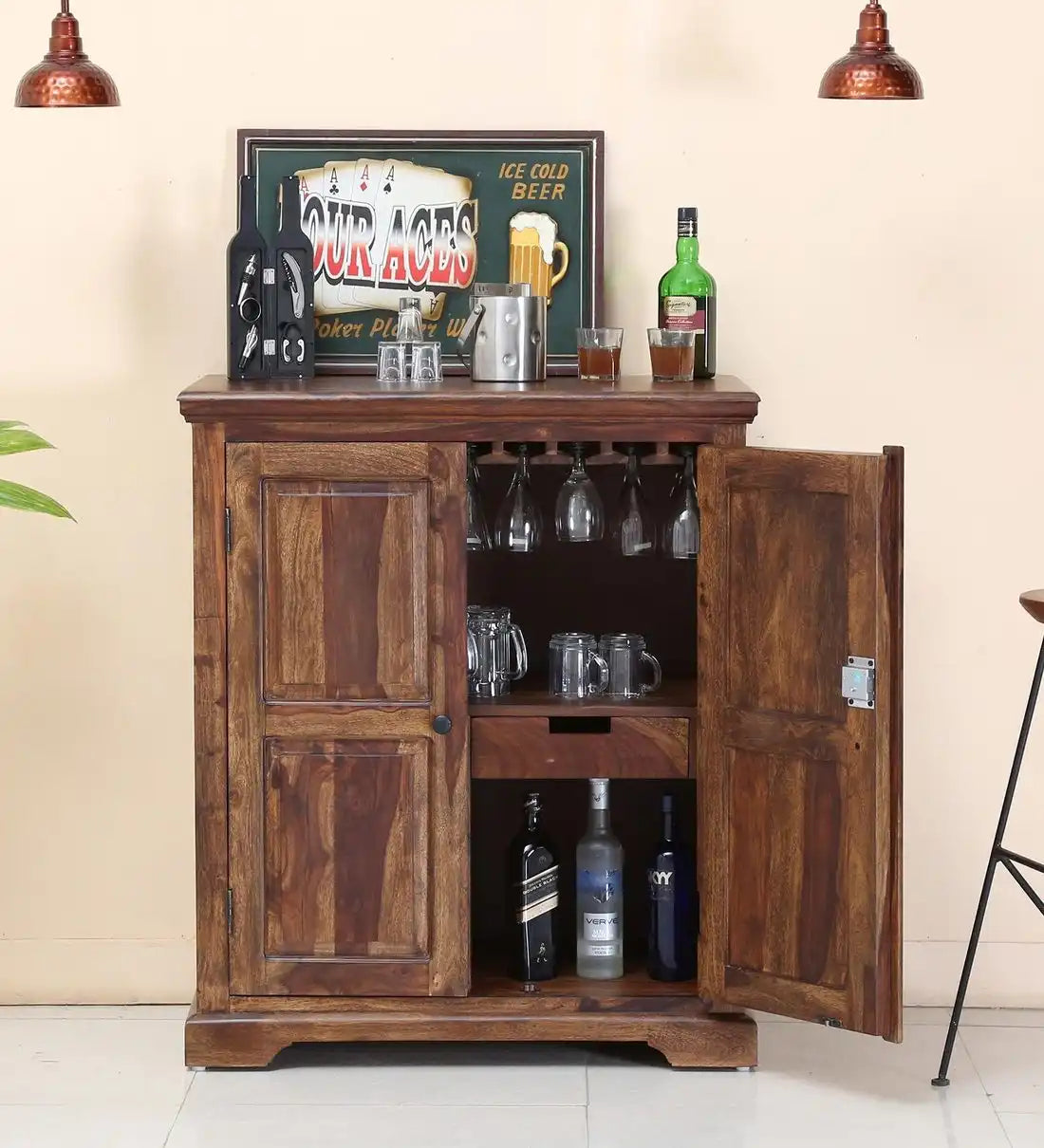 Solid wood bar unit with bottle storage cabinet for modern home interiors