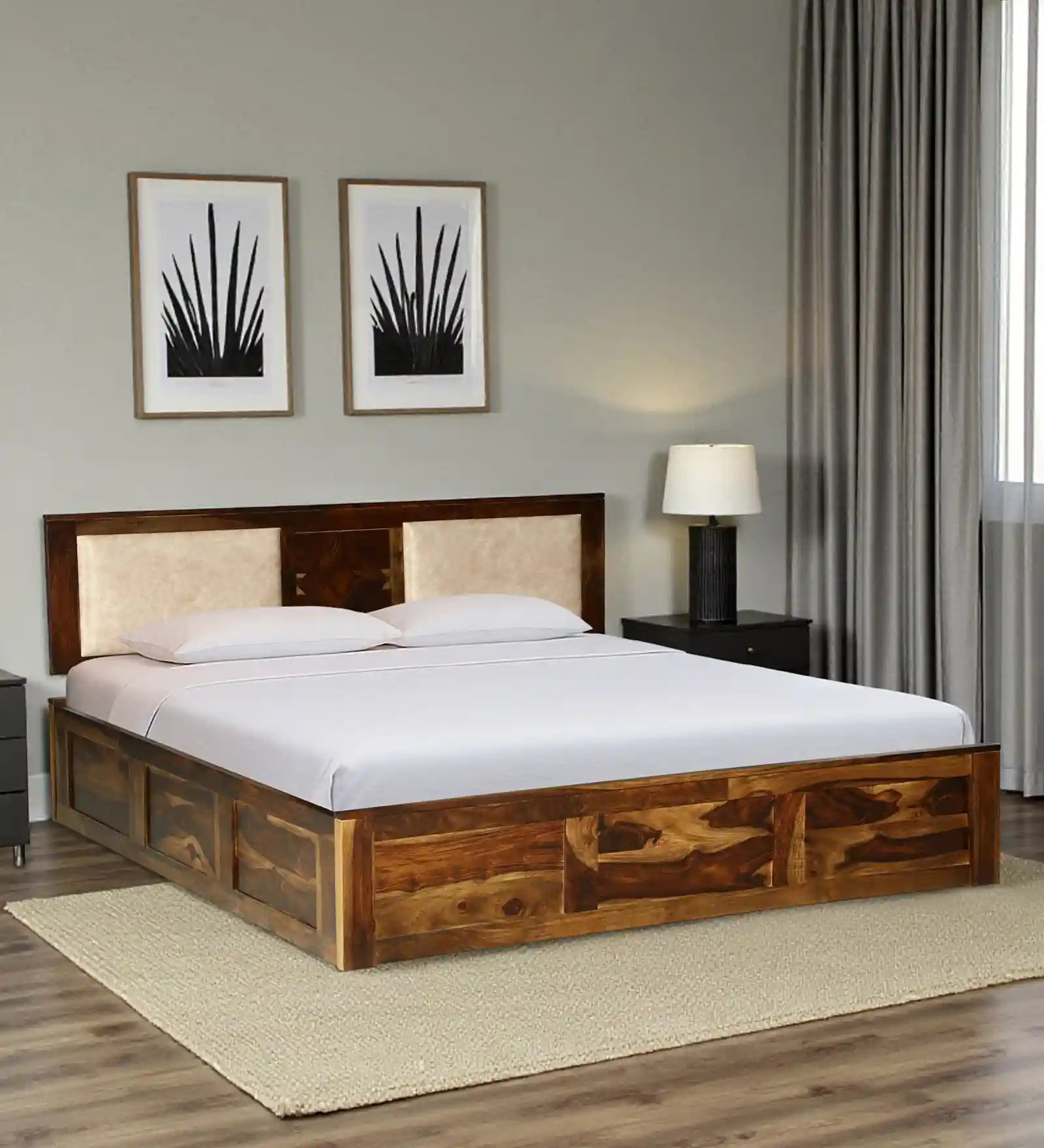 Shraya Solid Wood Queen Size Bed With Hydraulic Storage