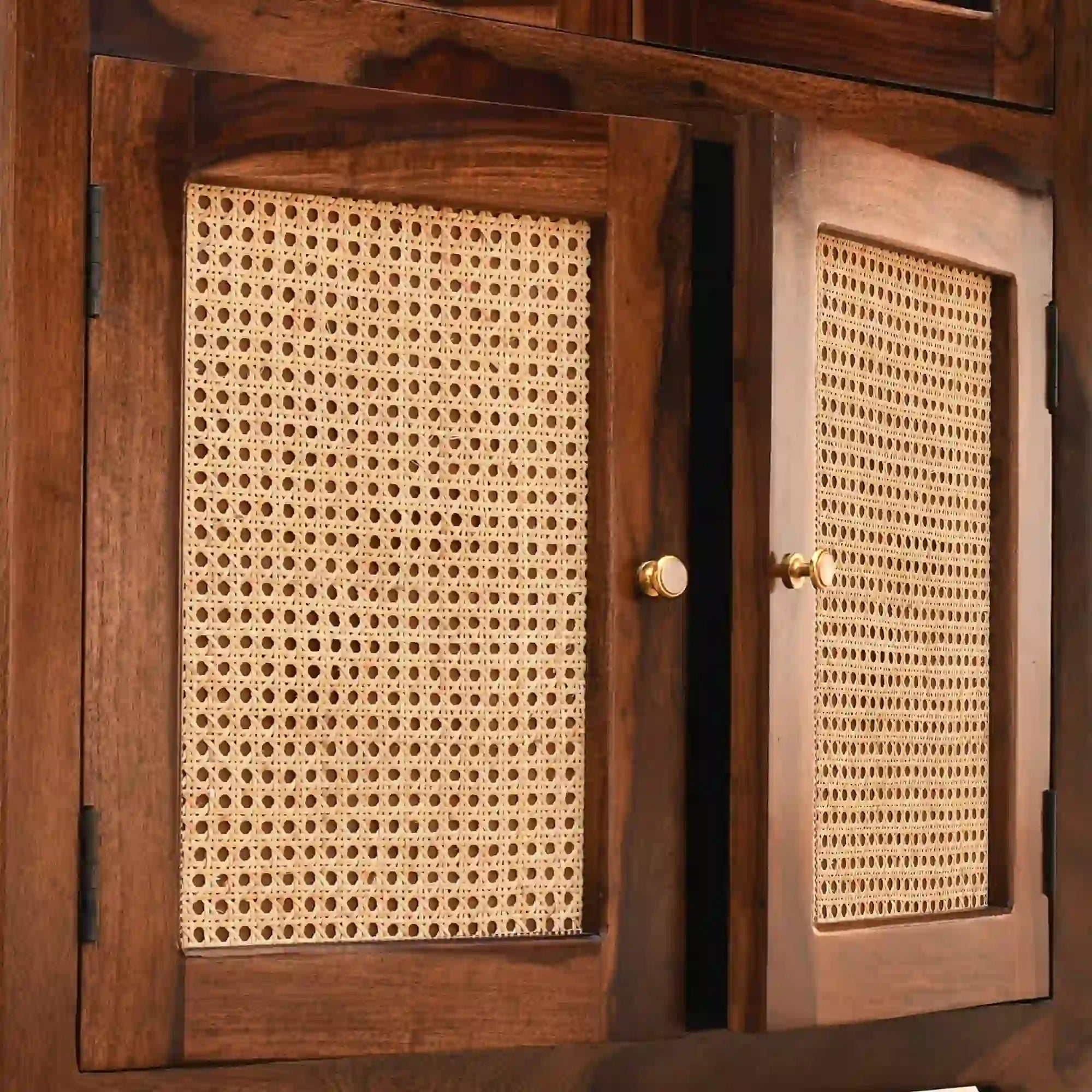 Solid wood bookshelf with rattan cane modern bookcase for living room