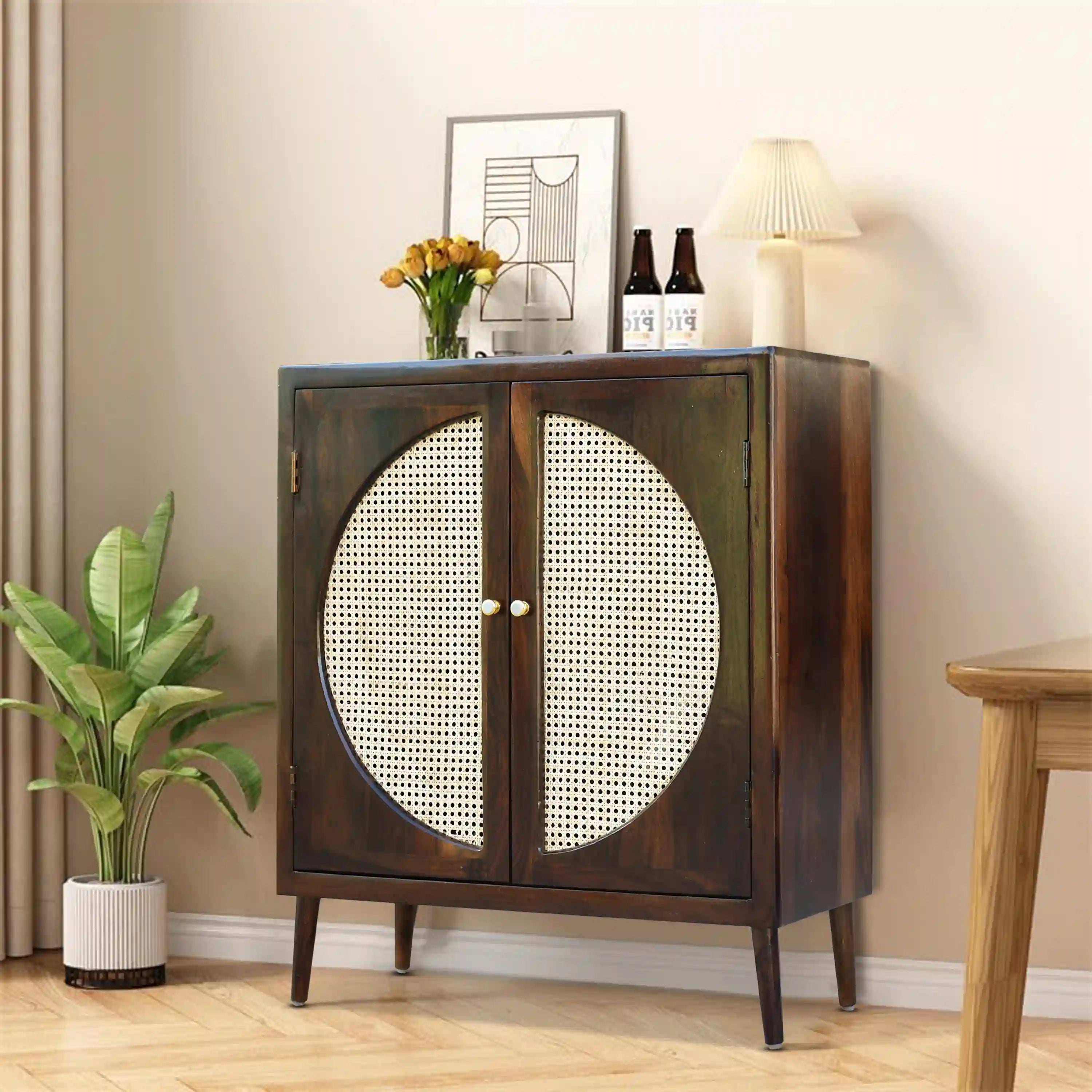 Solid wood cabinet with rattan cane doors sheesham storage furniture