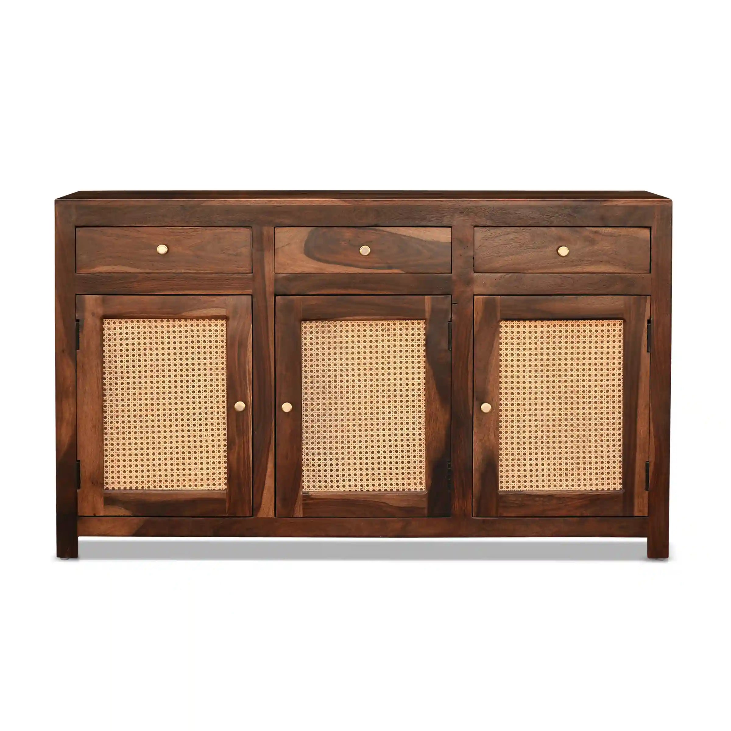 Solid wood sideboard cabinet with rattan cane design living room storage