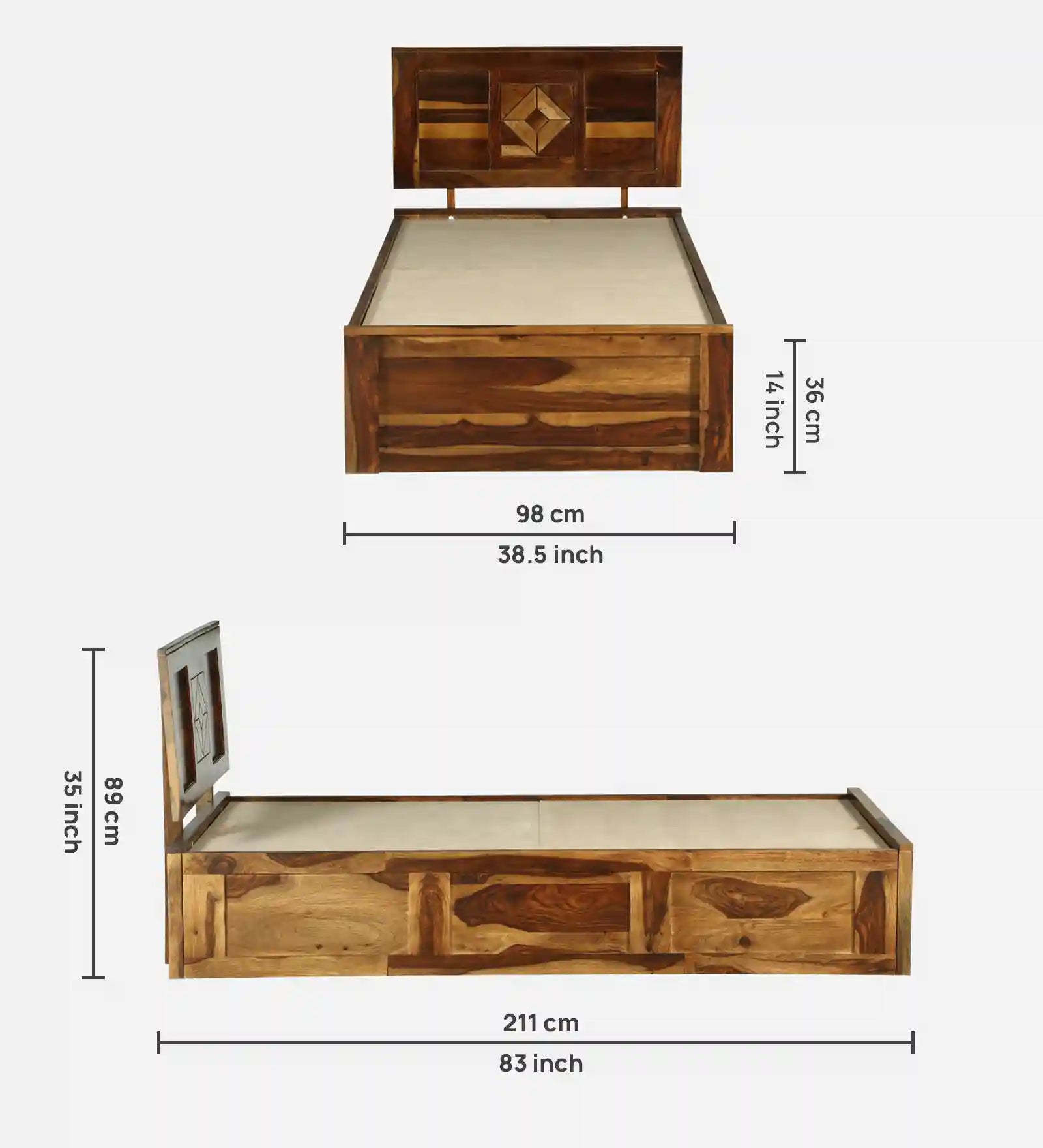 Shraya Solid Sheesham Wood Single Bed With Storage