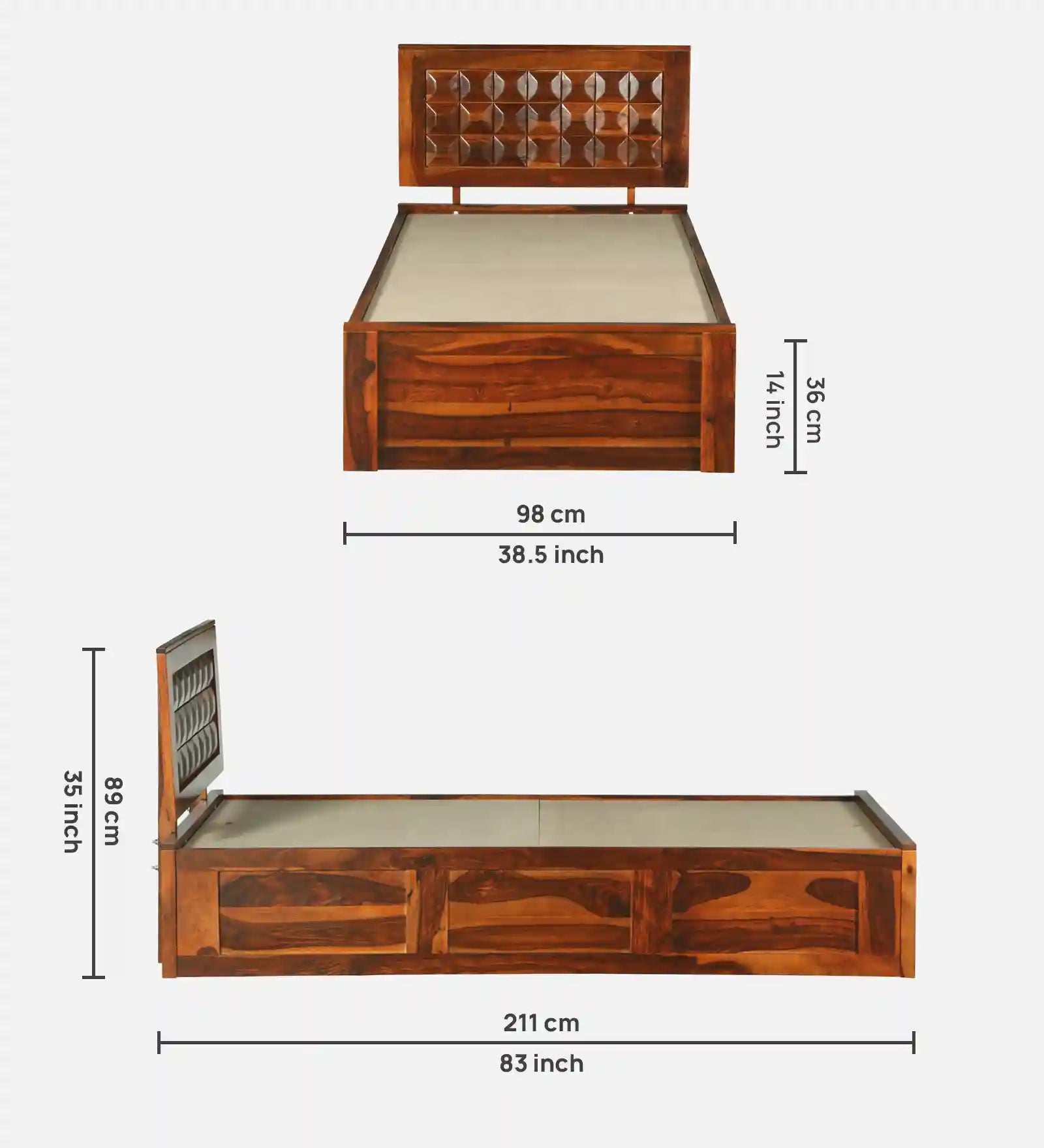 Tejas Solid Sheesham Wood Single Bed With Storage