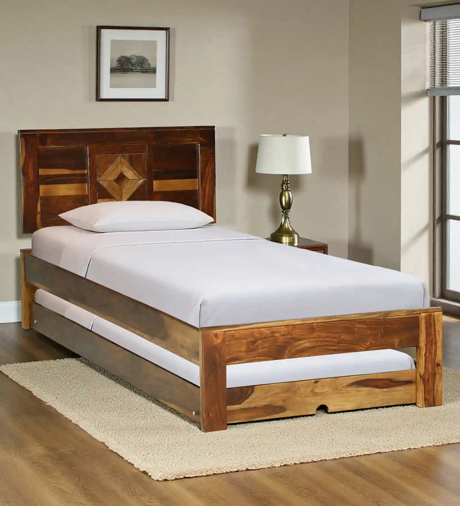 Shraya Solid Sheesham Wood Single Bed With Trundle