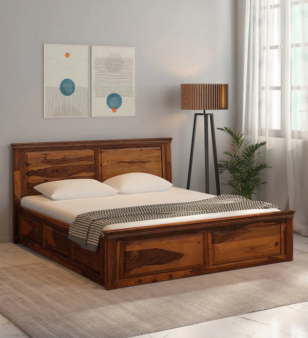 Vandena  Solid Wood Queen Size Bed With Box Storage In Honey Oak Finish By Rajwada