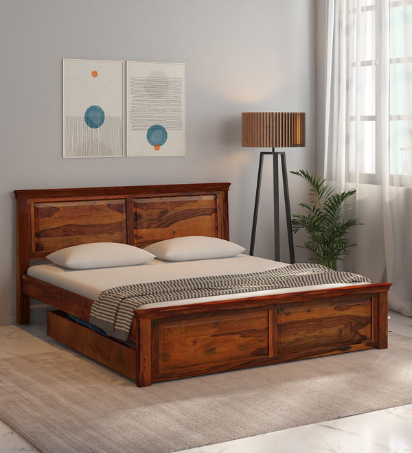 vandena  Solid Wood Queen Size Bed With Drawer Storage In Honey Oak Finish By Rajwada