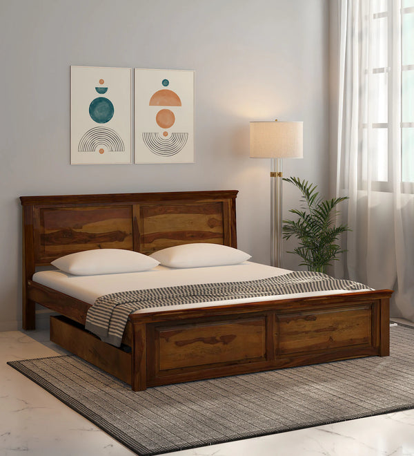 Vandena  Solid Wood Queen Size Bed With Drawer Storage In Provincial Teak Finish By Rajwada