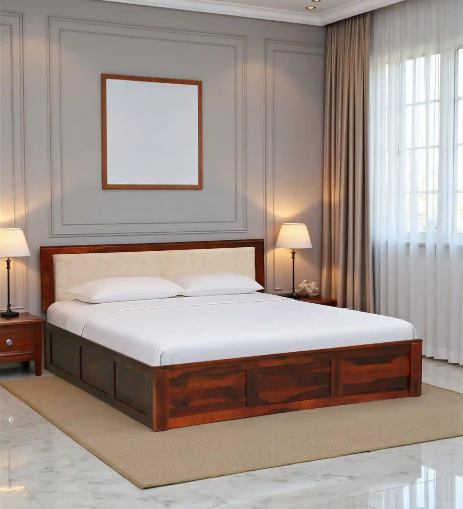 Kashtha Sheesham Wood Queen Size Bed With Hydraulic Storage