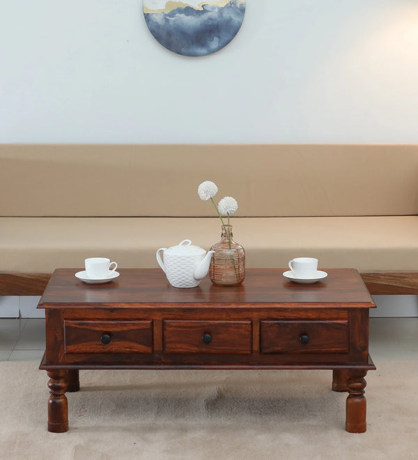 Samrita  Solid Wood Coffee Table With Drawer In Honey Oak Finish By Rajwada