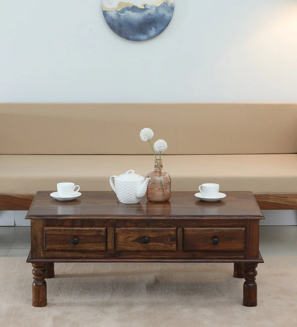 Samrita Solid Wood Coffee Table With Drawer In Provincial Teak Finish By Rajwada