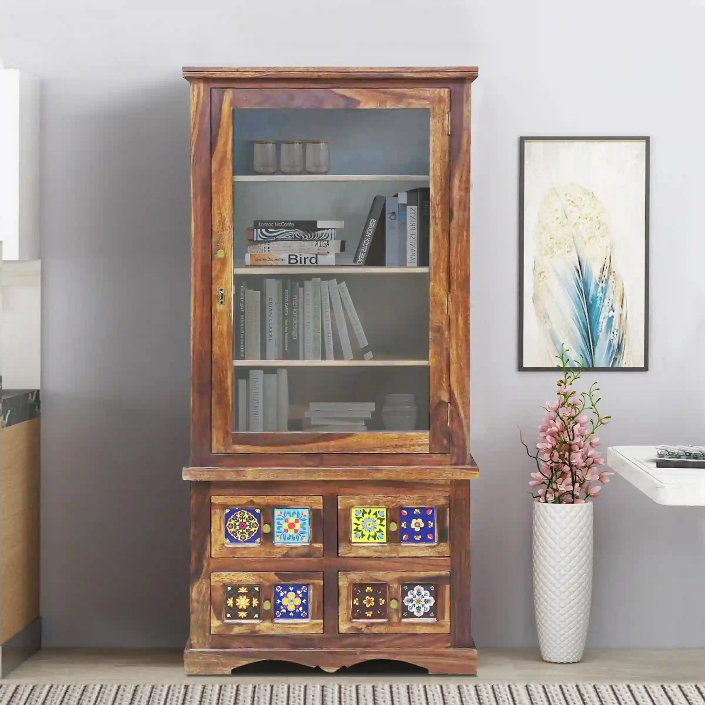 Tall modern sheesham wood bookcase storage bookshelf home decor