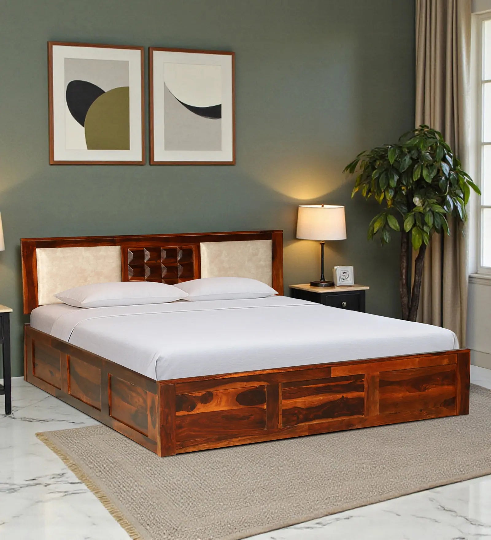 tejas sheesham wood queen size box storage bed front angle view wooden bed india