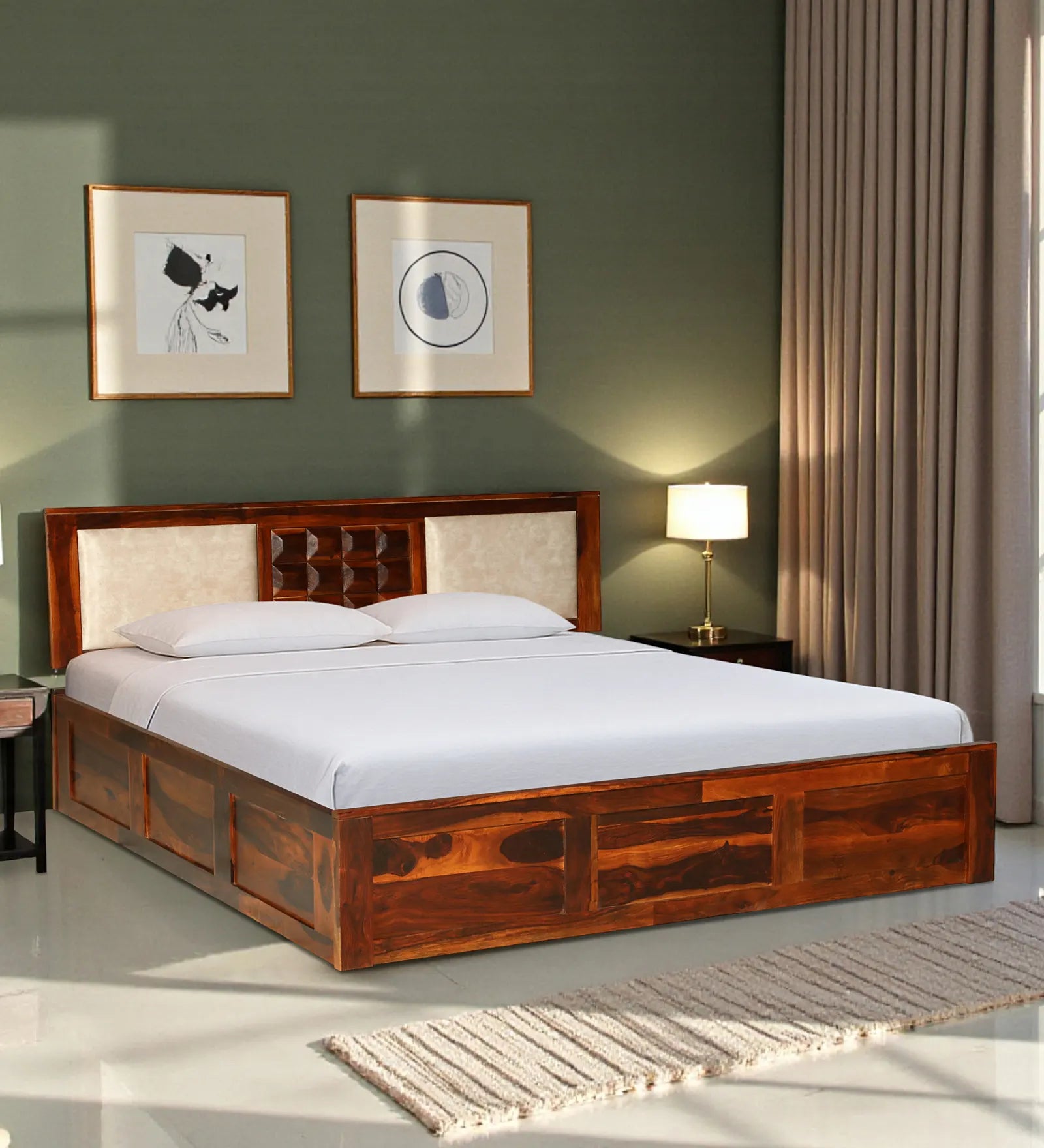 tejas sheesham wood queen size hydraulic storage bed front angle view wooden bed india