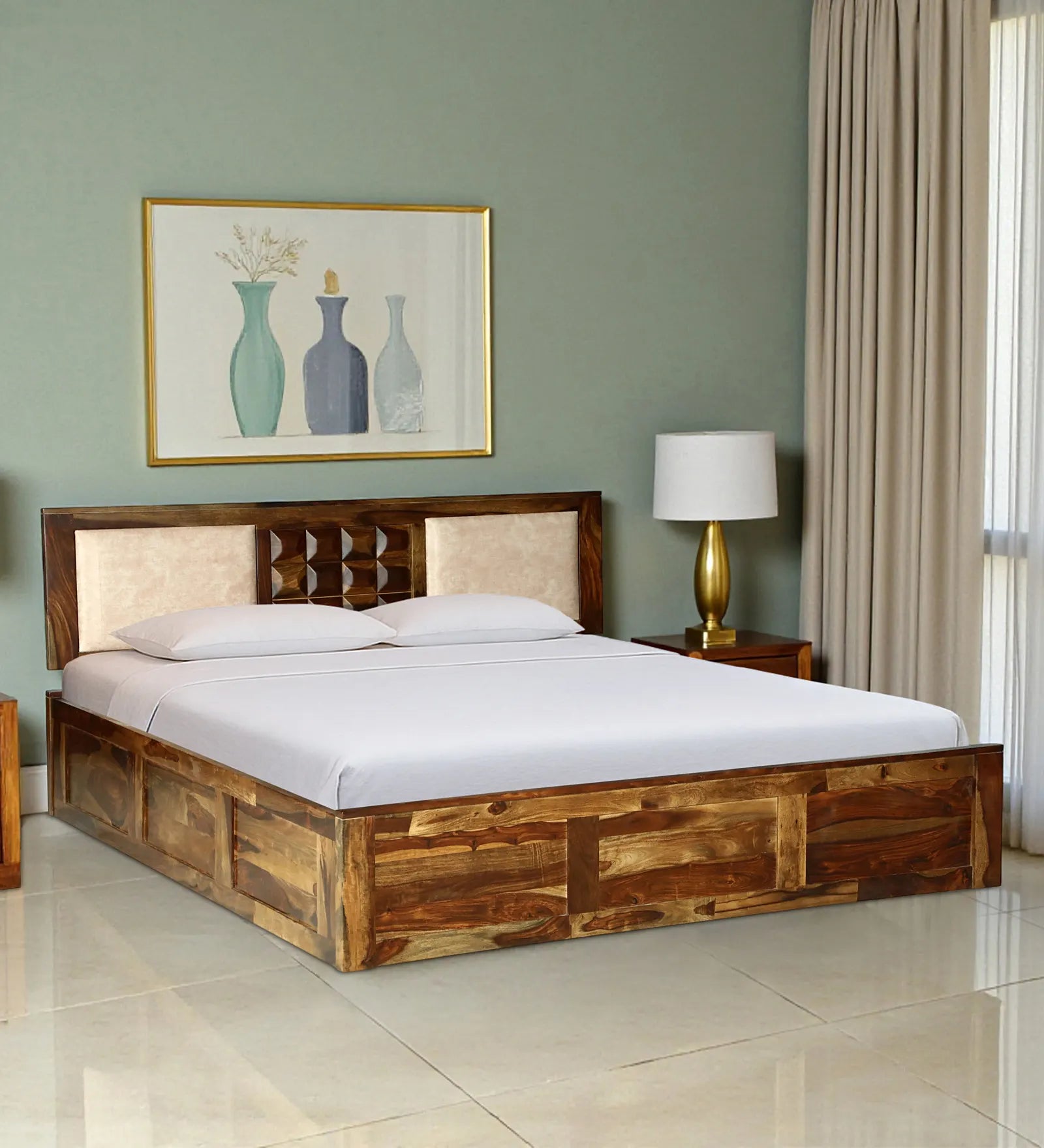 tejas sheesham wood queen size drawer storage bed front angle view wooden bed india